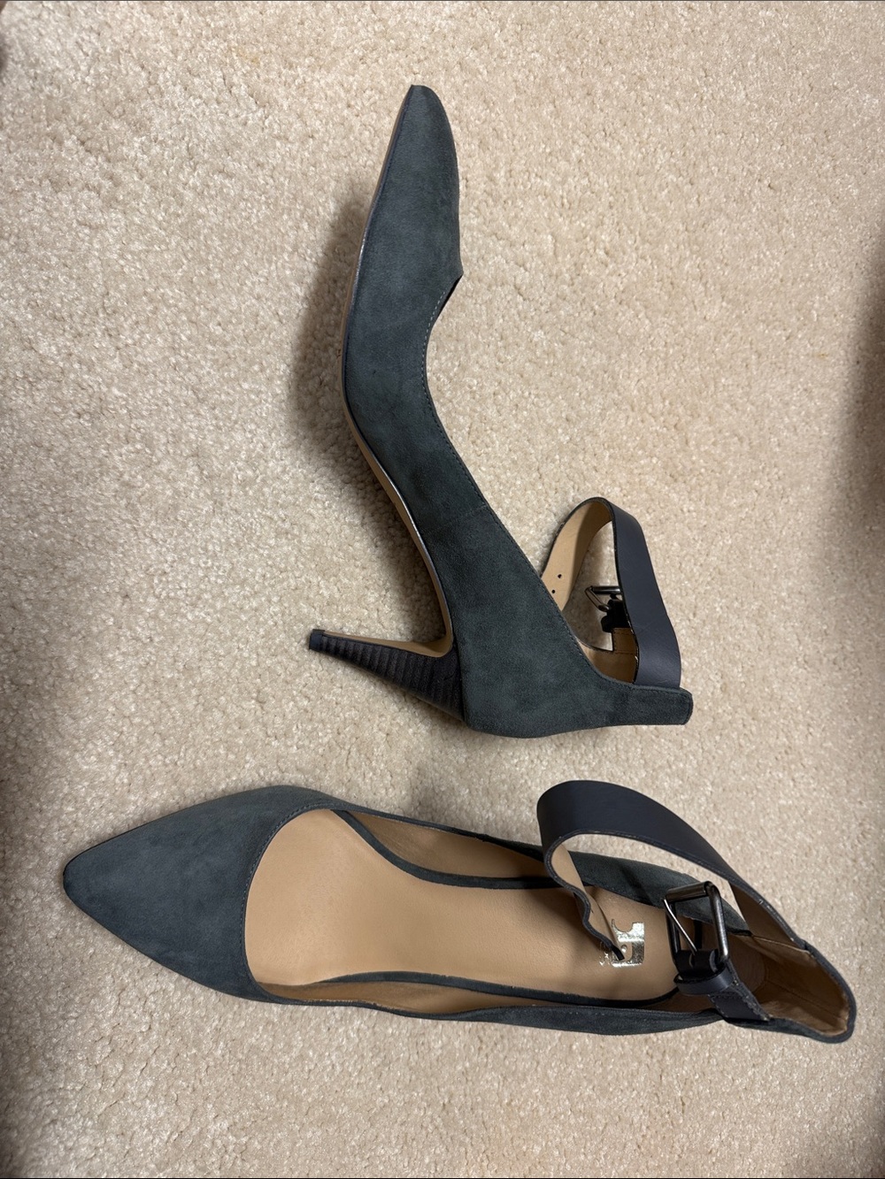 Pointed-Toe Ankle-Strap Heels in Charcoal Gray